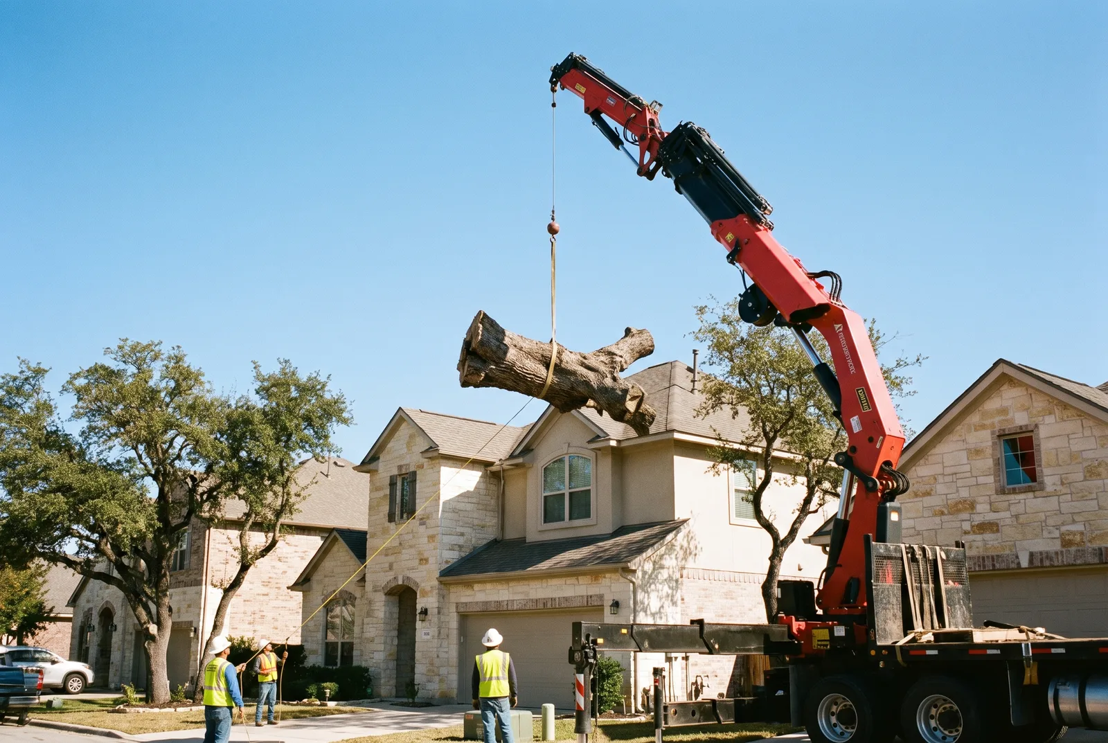 Knuckle-boom crane lifting an oak trunk section over a two-story stone home in a Georgetown subdivision
