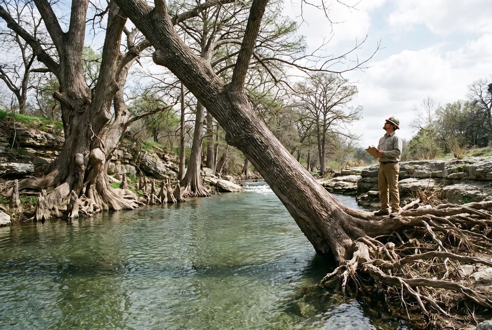 Pecans and bald cypress along the limestone ledges of the San Gabriel River in Georgetown, a leaning pecan with flood-exposed roots