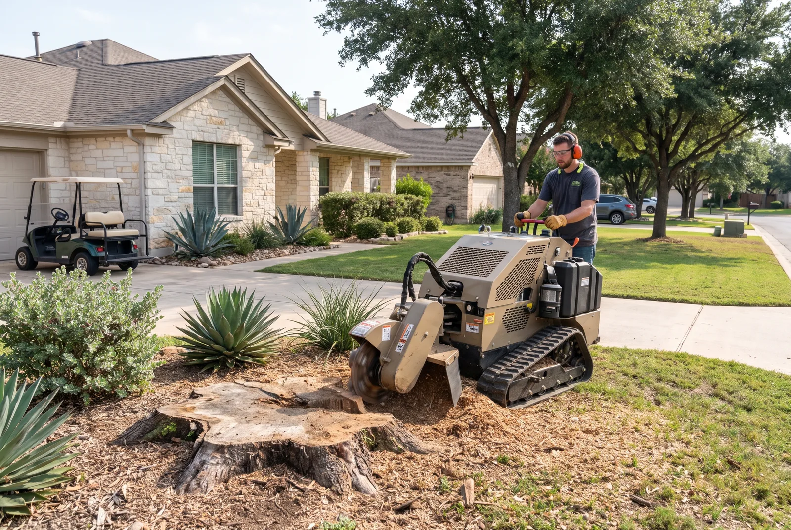 Tracked stump grinder working an oak stump in the front yard of a limestone home in a 55-plus community in Georgetown, TX